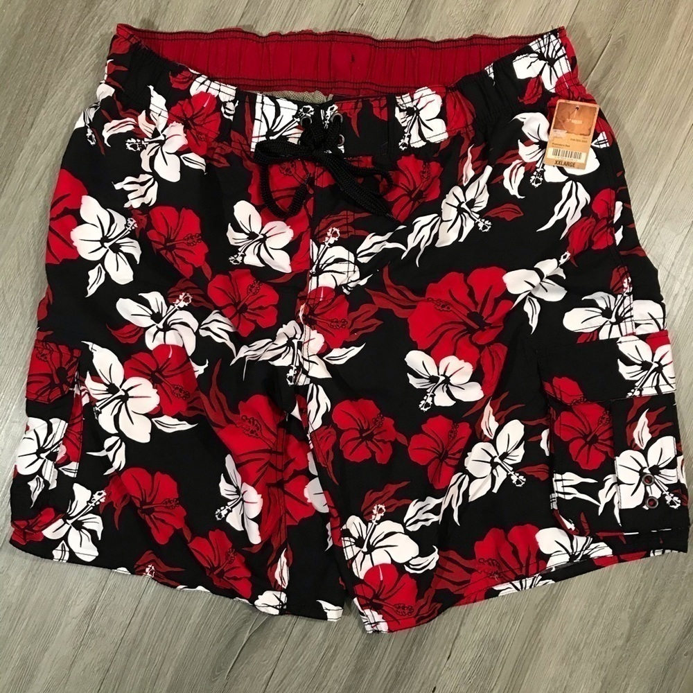 Arizona NWT Red, Black, White‎ Print Swim Trunks